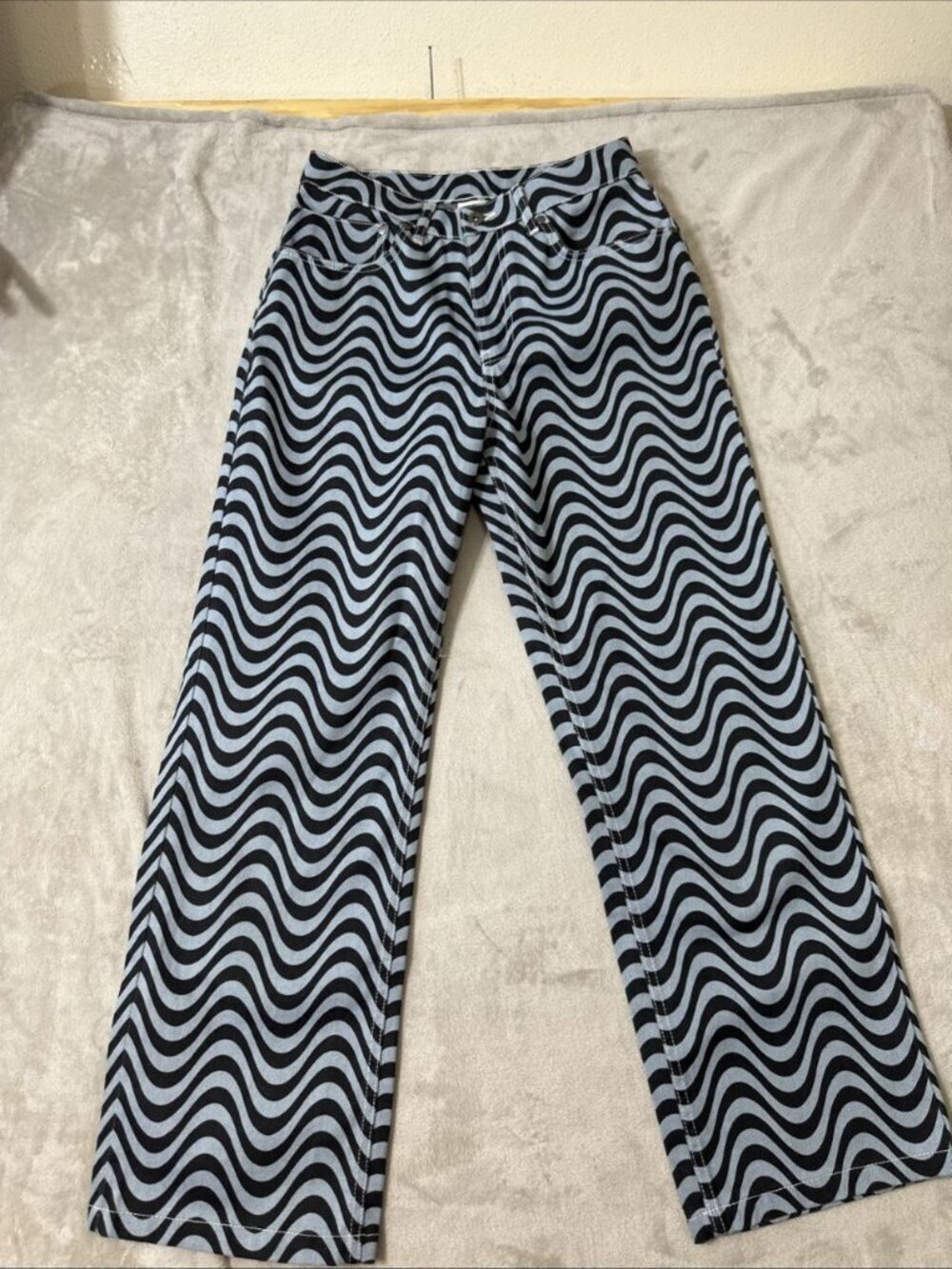 Ragged Jeans black blue wave print Straight jeans women’s size 28 psychedelic